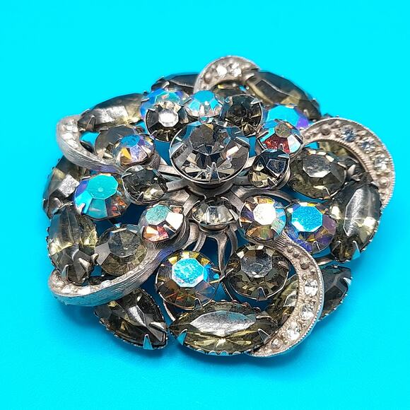 Vintage AB Black Diamond Rhinestone Flower Brooch Silver Tone 2 Inch main image 5